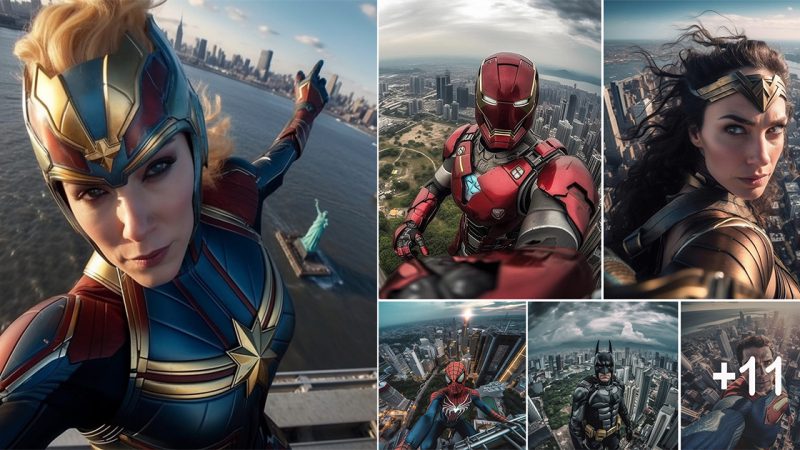 Superheroes selfie on the tower