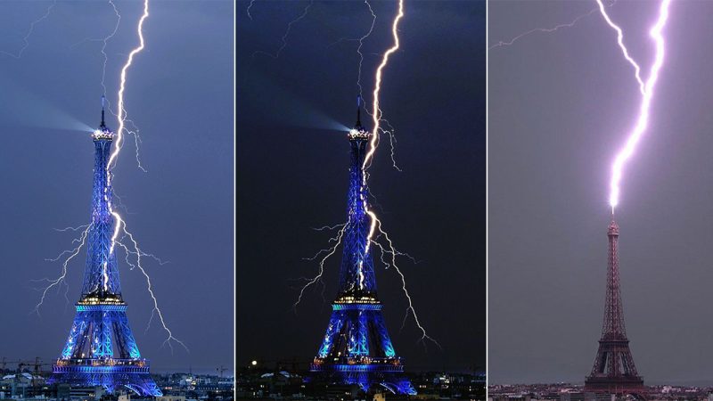 A bolt from the blue… Dramatic moment thunderbolt lights up Eiffel Tower