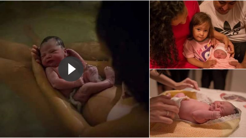 A strong mother delivers and gives birth on her own in the bathroom of her home.