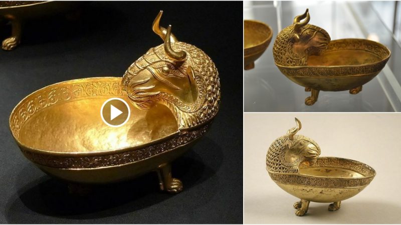 Gold bull’s head bowl known as “Attila’s Cup”, part of the Nagyszentmiklós treasure uncovered in Hungary, dates to the 6th century AD.