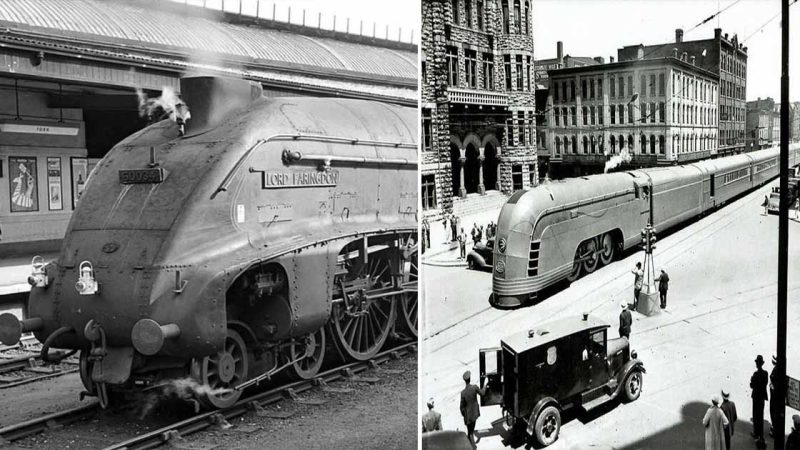 The New York Central Railroad Streamliner ‘Mercury’ passes through Syracuse City Hall.  1936