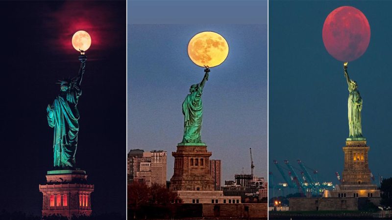 Rare Summer Solstice Full Moon Balancing on the Statue of Liberty’s Torch