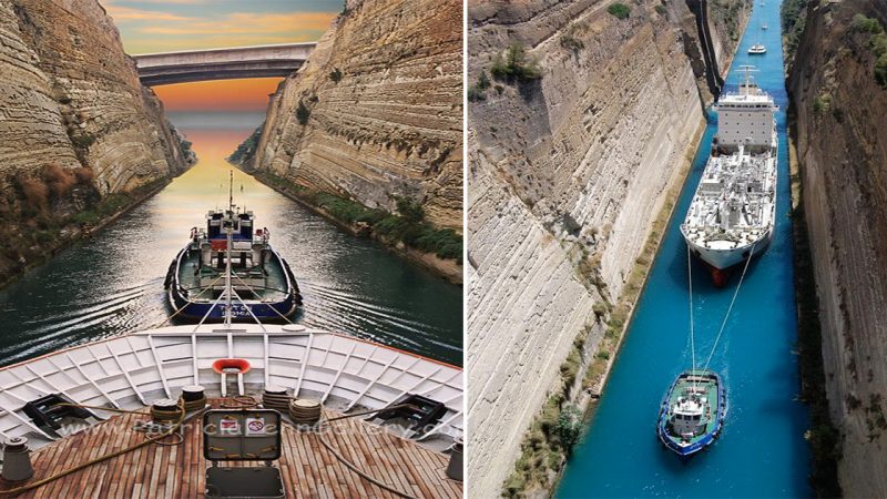 The famous Corinth Canal connects the Gulf of Corinth with the Saronic Gulf in the Aegean Sea. It cuts through the narrow Isthmus of Corinth.