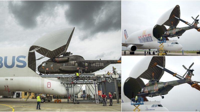 CH-53 Helicopter Executes Landing onto Airbus Beluga Cargo Jet