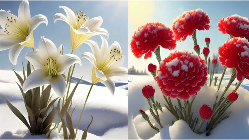 Enchanting Beauty: Sunlit Flowers Adorning a Snowy Canvas.