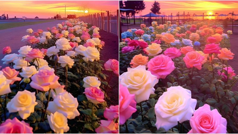 Lost in a Multicolored Rose Garden at Sunset.